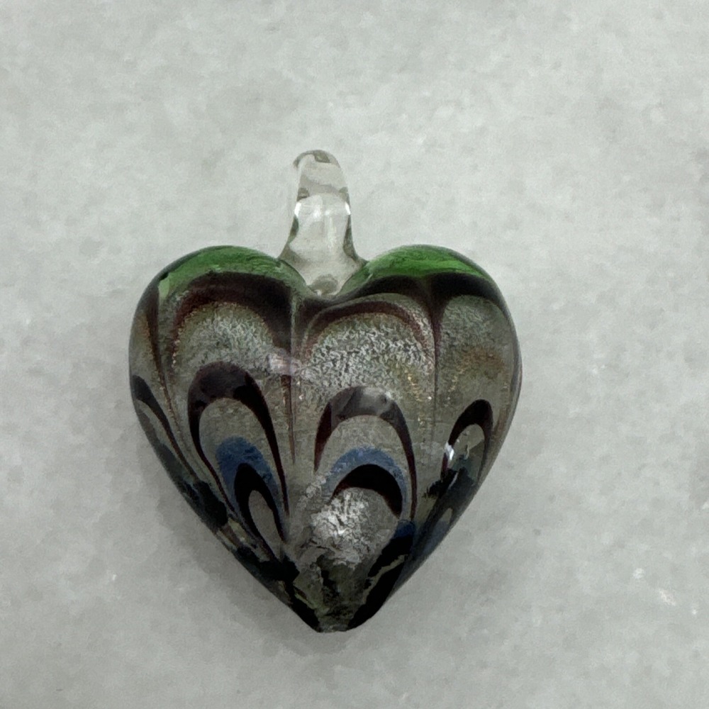 Vintage Hand Blown Art Glass Multi Color Swirl Crystal Heart Pendant